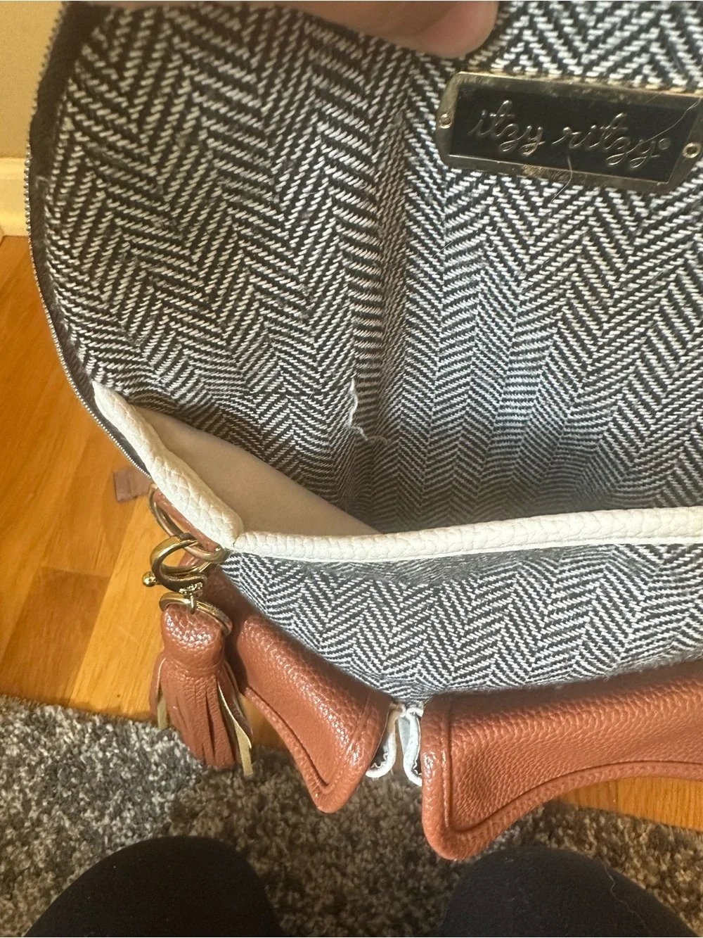 Itzy Ritzy Herringbone Baby Backpack in Black, White & Brown